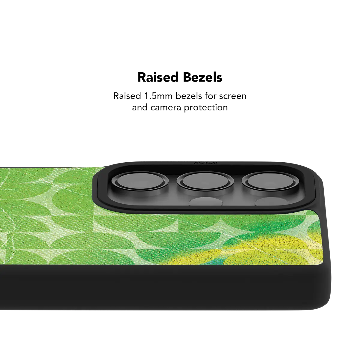 Raised bezel on the green retro geometric Galaxy case lifting the camera lenses clear of a flat surface