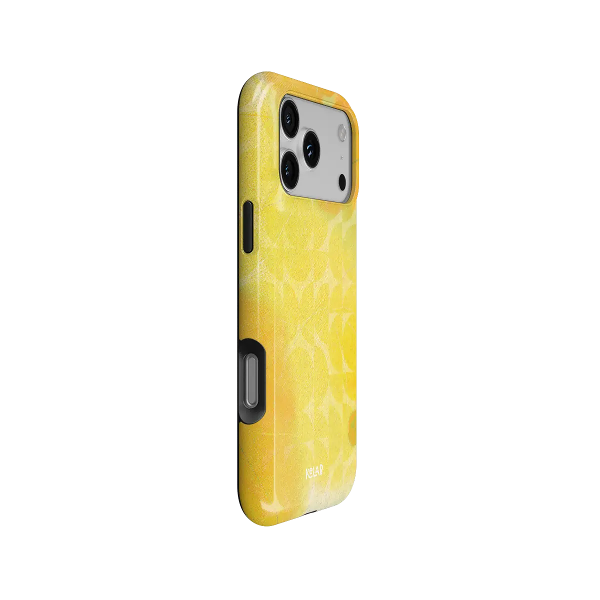 Zesty yellow retro geometric circles Tough iPhone case, side view showing the pattern wrapped around the shell.
