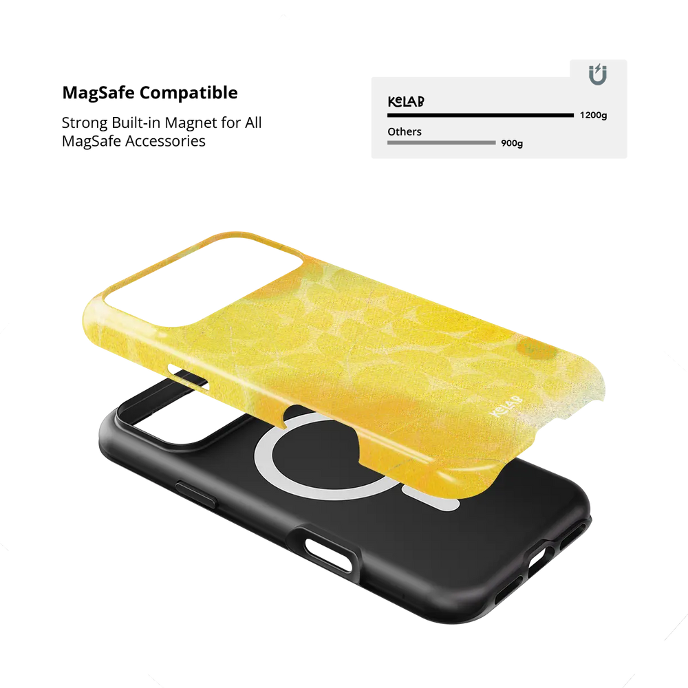 Zesty yellow retro geometric circles Tough iPhone case with built-in strong MagSafe magnets.