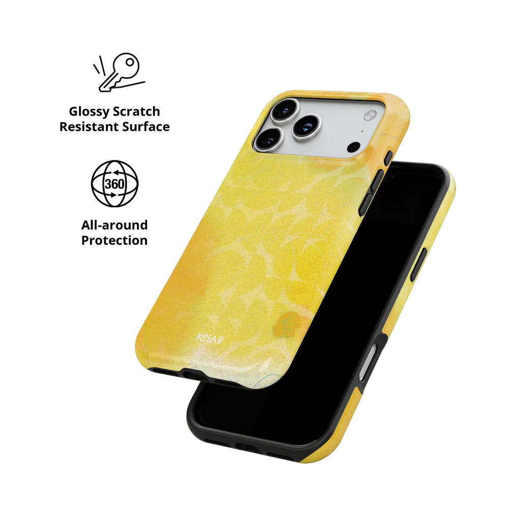 Zesty yellow retro geometric circles Tough iPhone case with glossy, scratch resistant all-around protection.