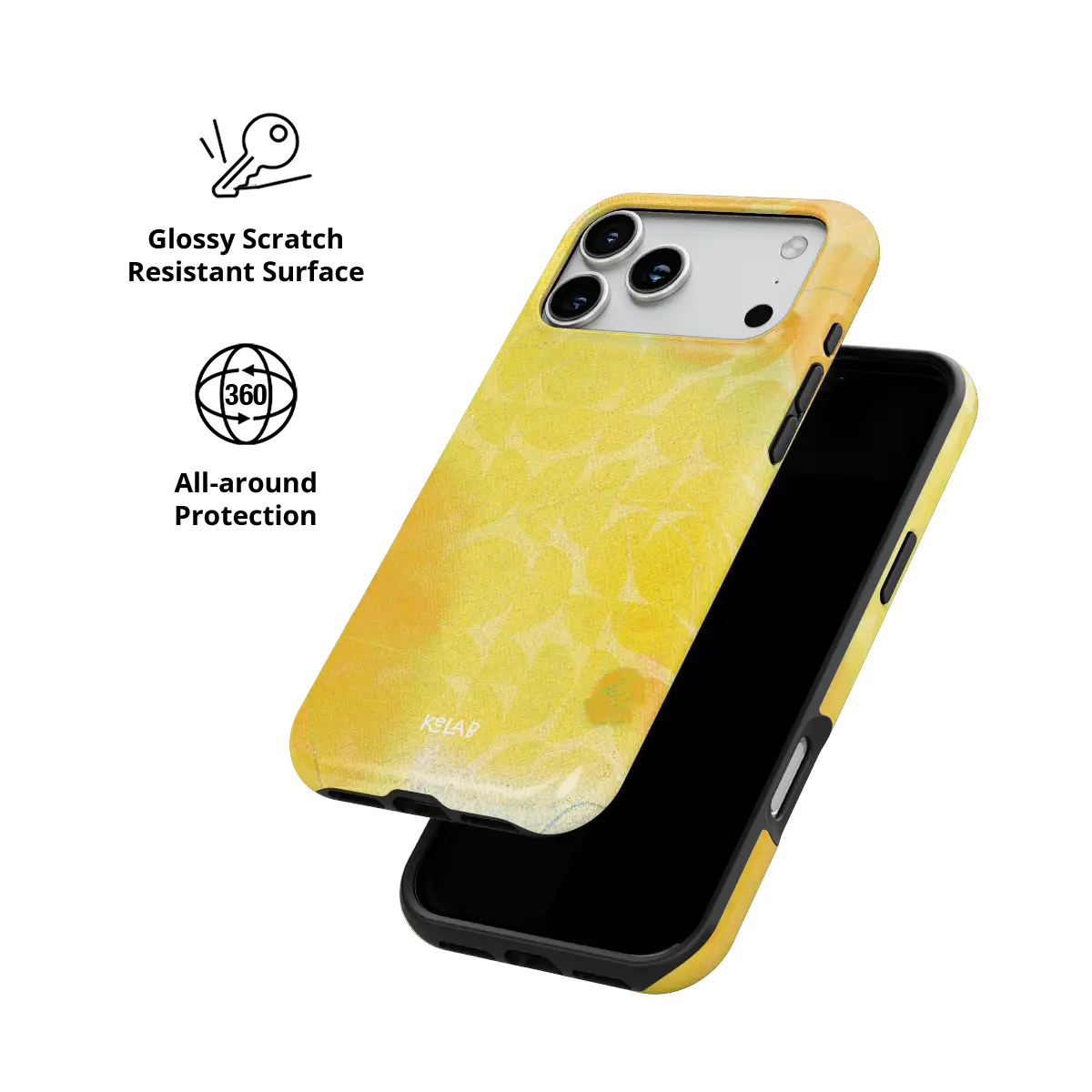Zesty yellow retro geometric circles Tough iPhone case with glossy, scratch resistant all-around protection.