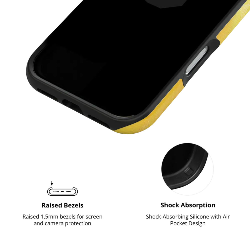 Zesty yellow retro geometric circles Tough iPhone case inner view showing shock-absorbing drop protection.