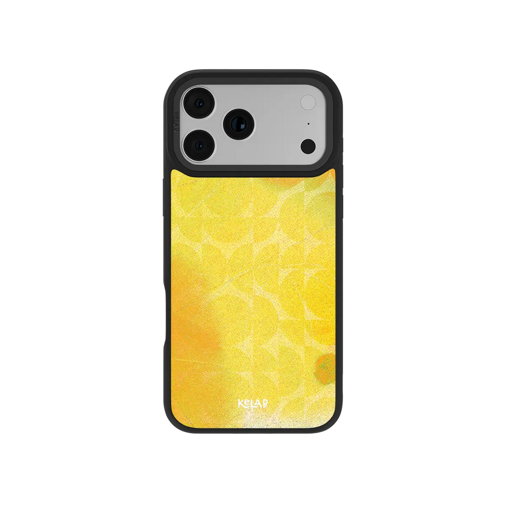 Retro geometric KELAB iPhone Case bright yellow textured finish with abstract pattern