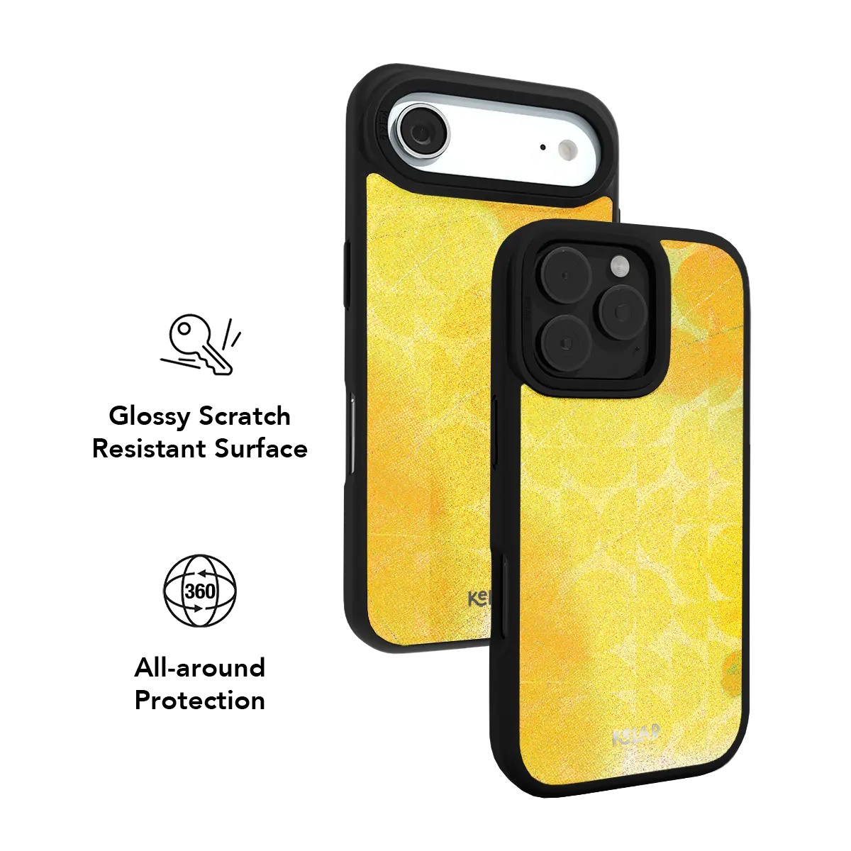 Lemon yellow KELAB iPhone Case with textured abstract geometric retro pattern and camera openings