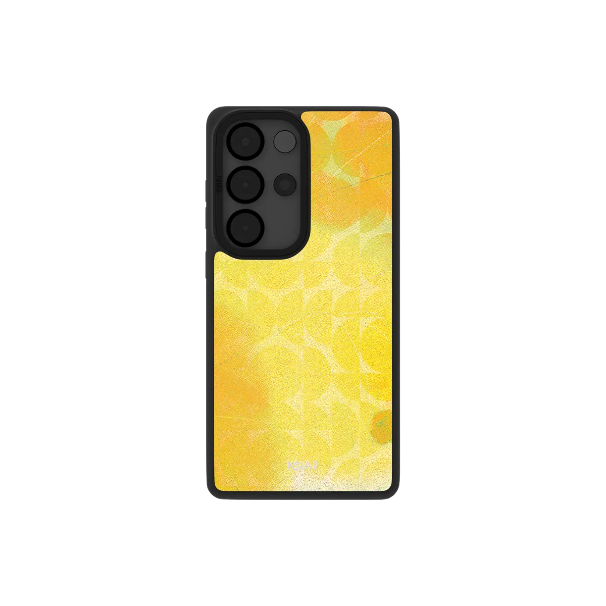 Yellow retro geometric Samsung Galaxy case, back view with butter yellow 70s circles around the camera cutout