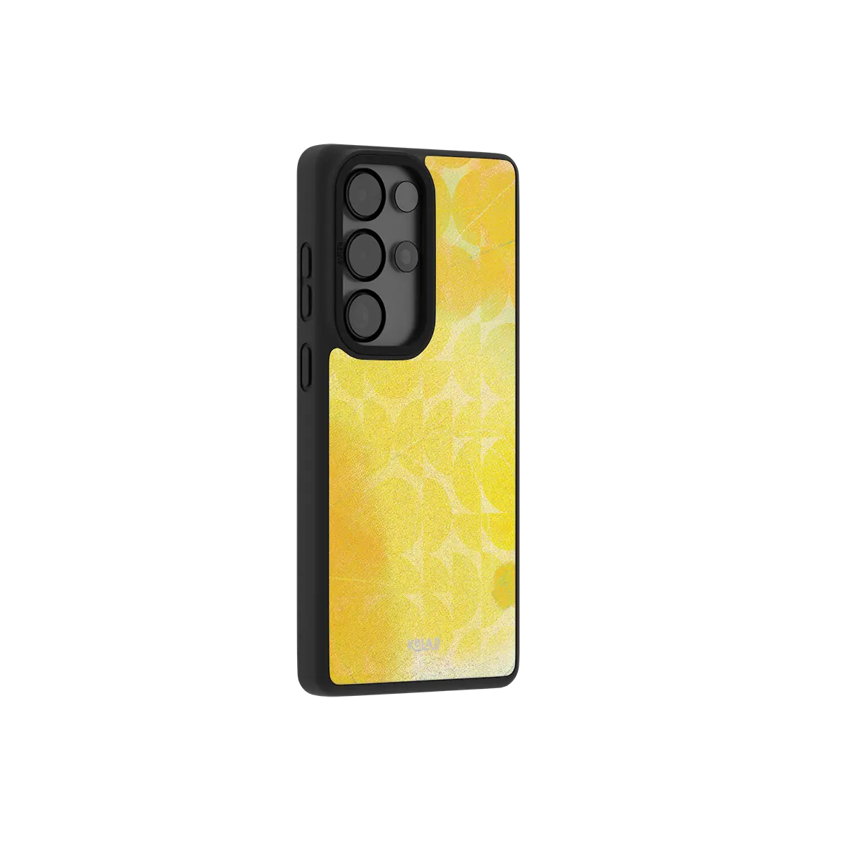Yellow retro geometric Samsung Galaxy case at a side angle showing the wrapped button covers