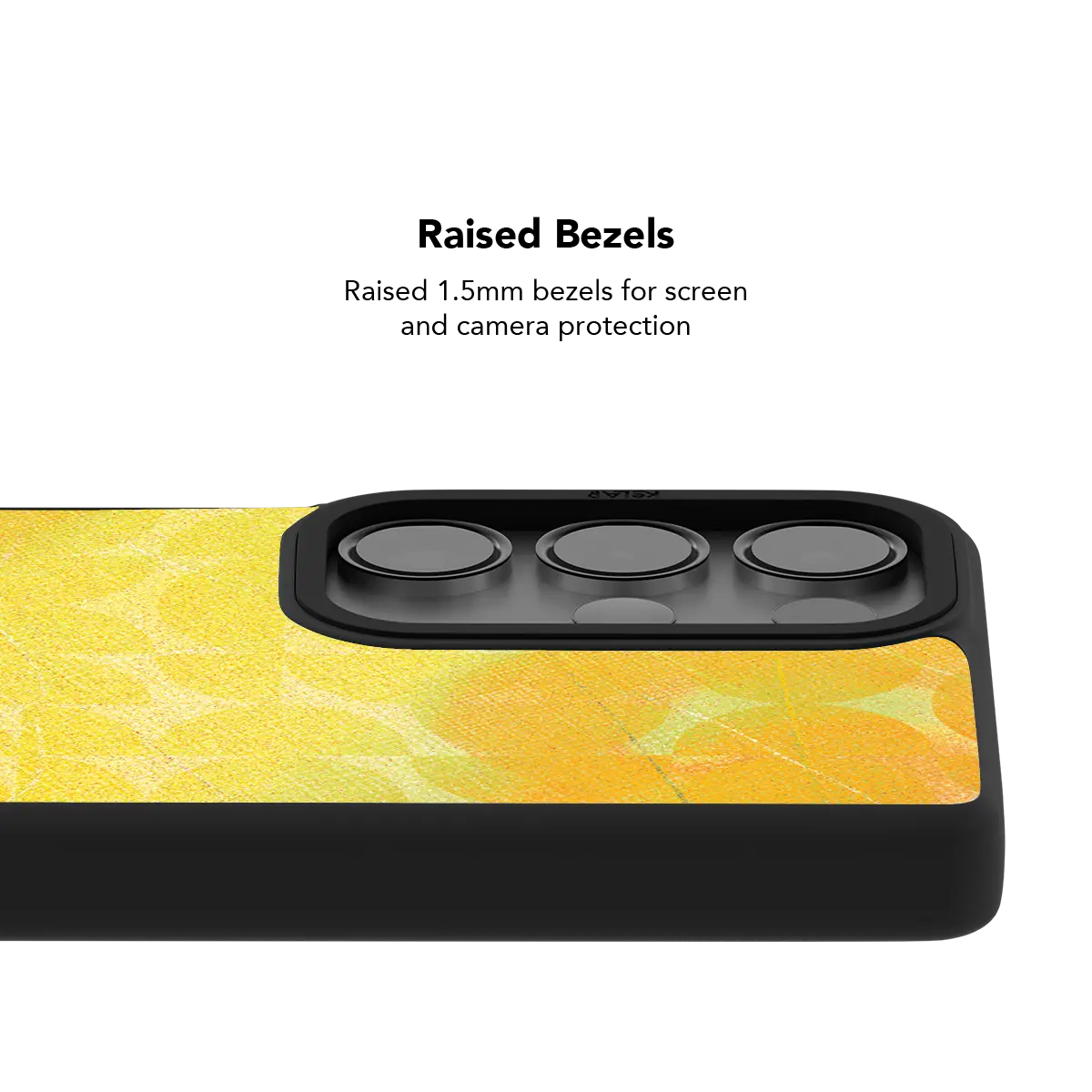 Raised bezel on the yellow retro geometric Galaxy case lifting the camera lenses clear of a flat surface