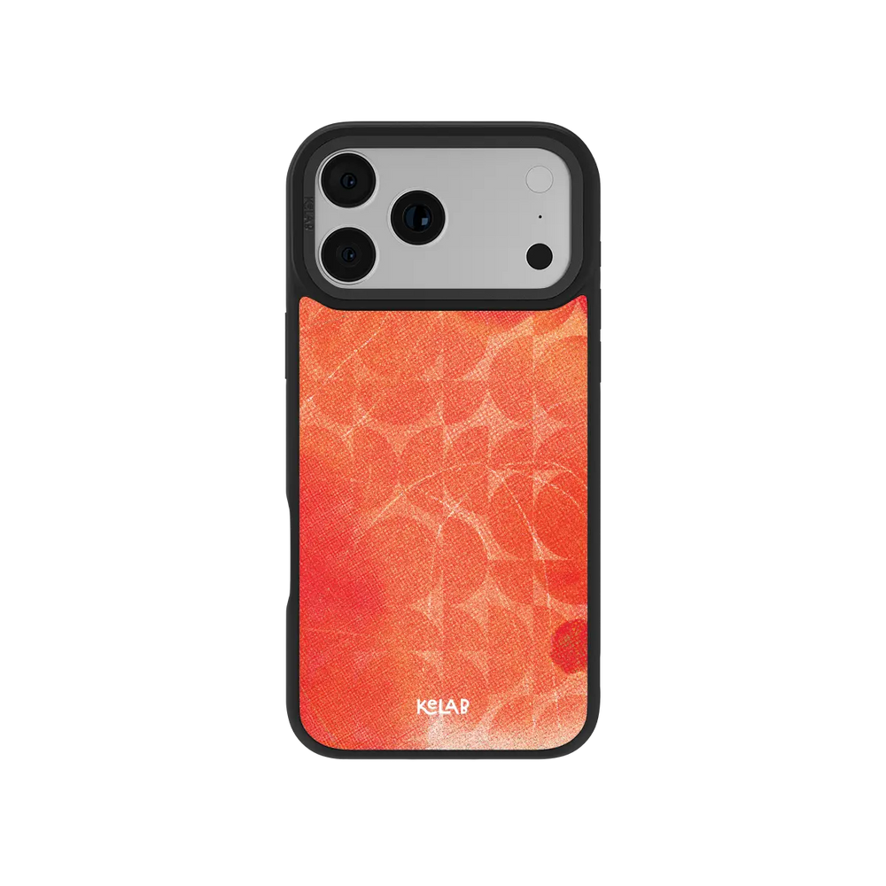 Red KELAB iPhone Case with geometric circle pattern, satin sheen texture and glossy finish