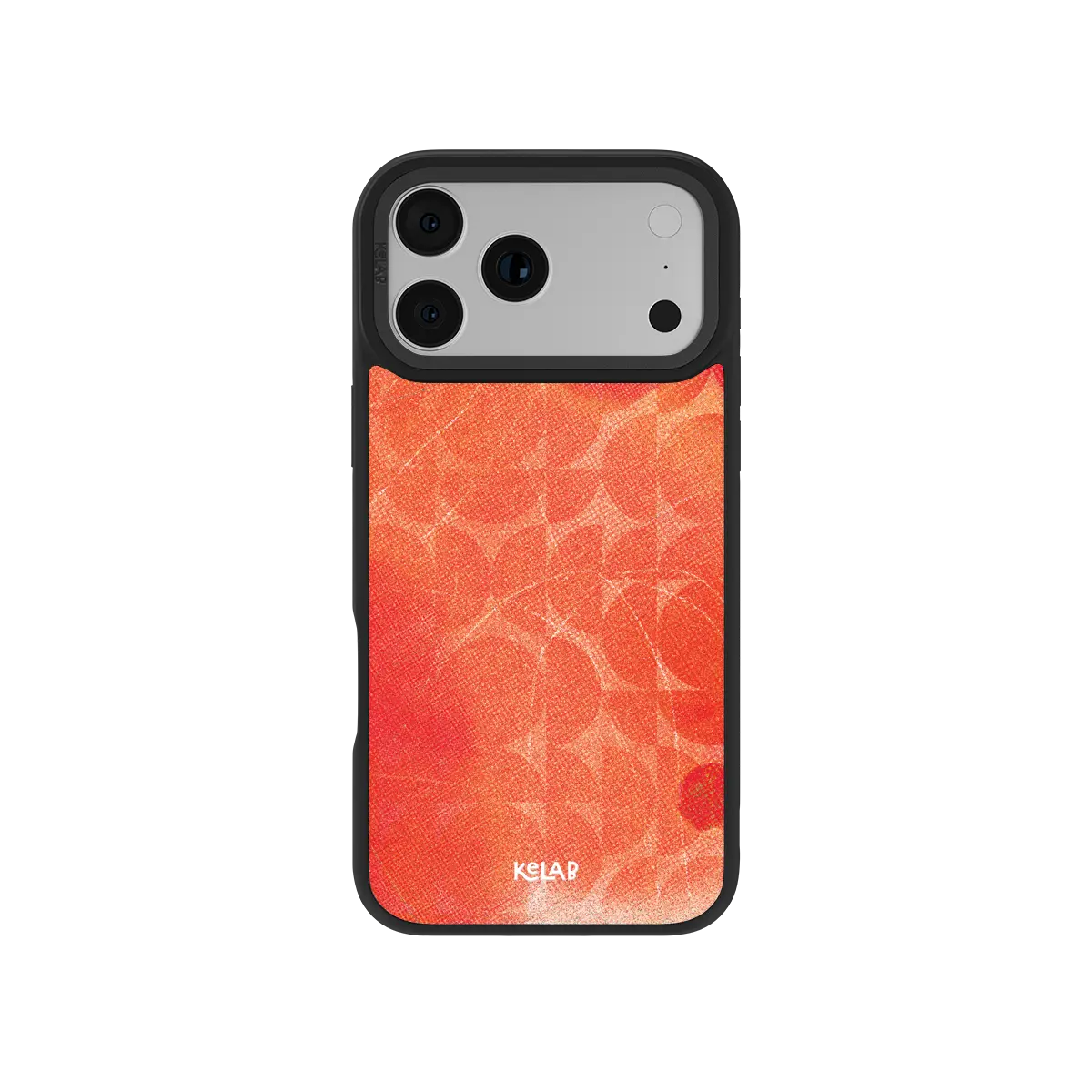 Red KELAB iPhone Case with geometric circle pattern, satin sheen texture and glossy finish