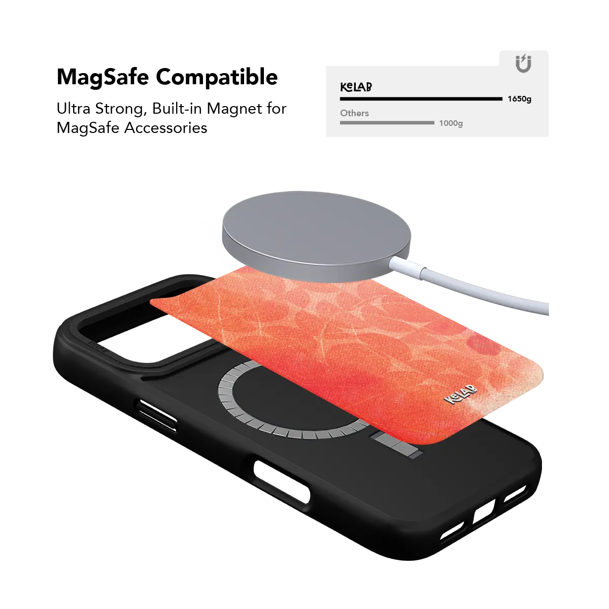 Blood orange KELAB iPhone Case black MagSafe cover with satin sheen and geometric circle pattern