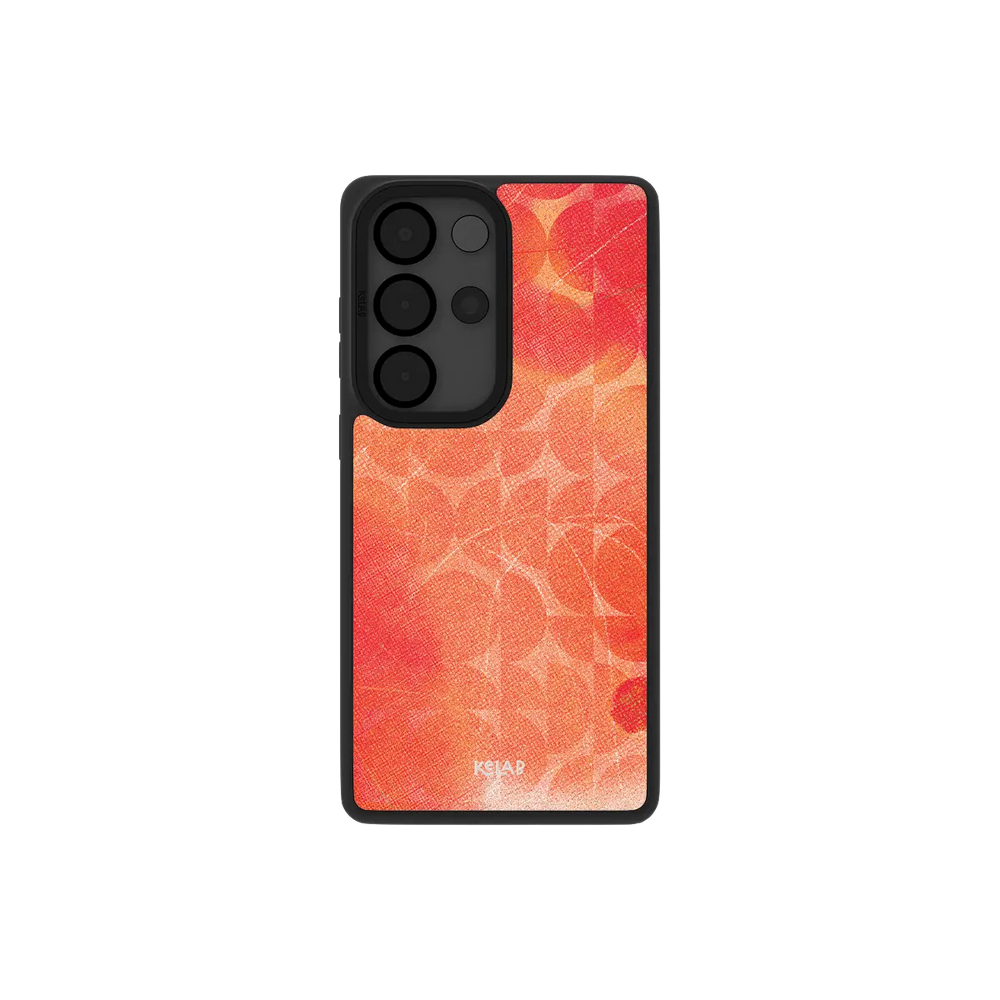 Red retro geometric Samsung Galaxy case, back view with scarlet 70s circles around the camera cutout