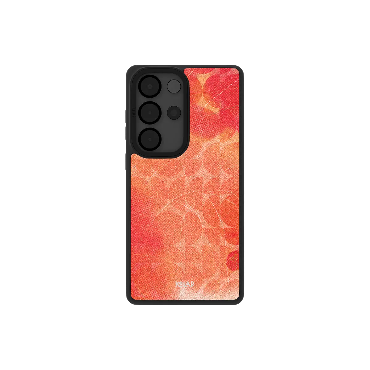 Red retro geometric Samsung Galaxy case, back view with scarlet 70s circles around the camera cutout
