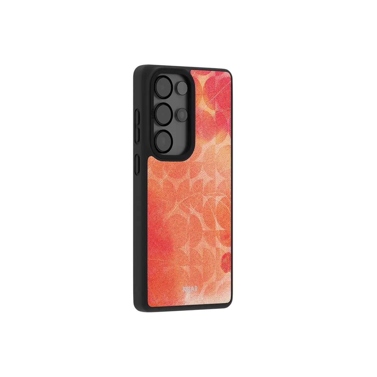 Red retro geometric Samsung Galaxy case at a side angle showing the wrapped button covers