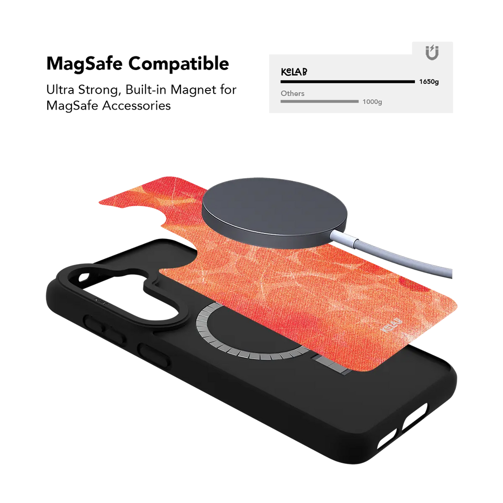 Red retro geometric Samsung Galaxy case holding a magnetic wireless charger through the built in ring