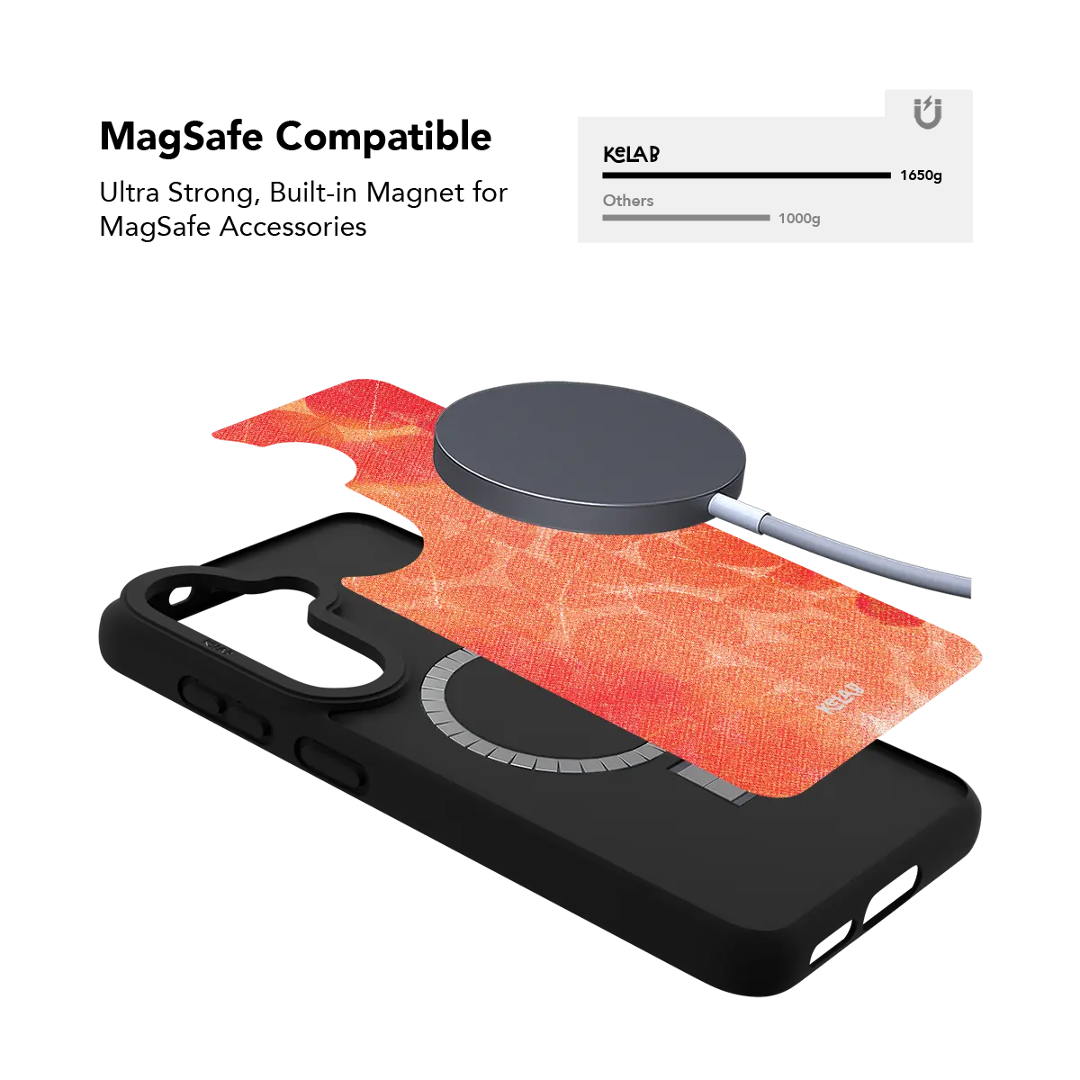 Red retro geometric Samsung Galaxy case holding a magnetic wireless charger through the built in ring