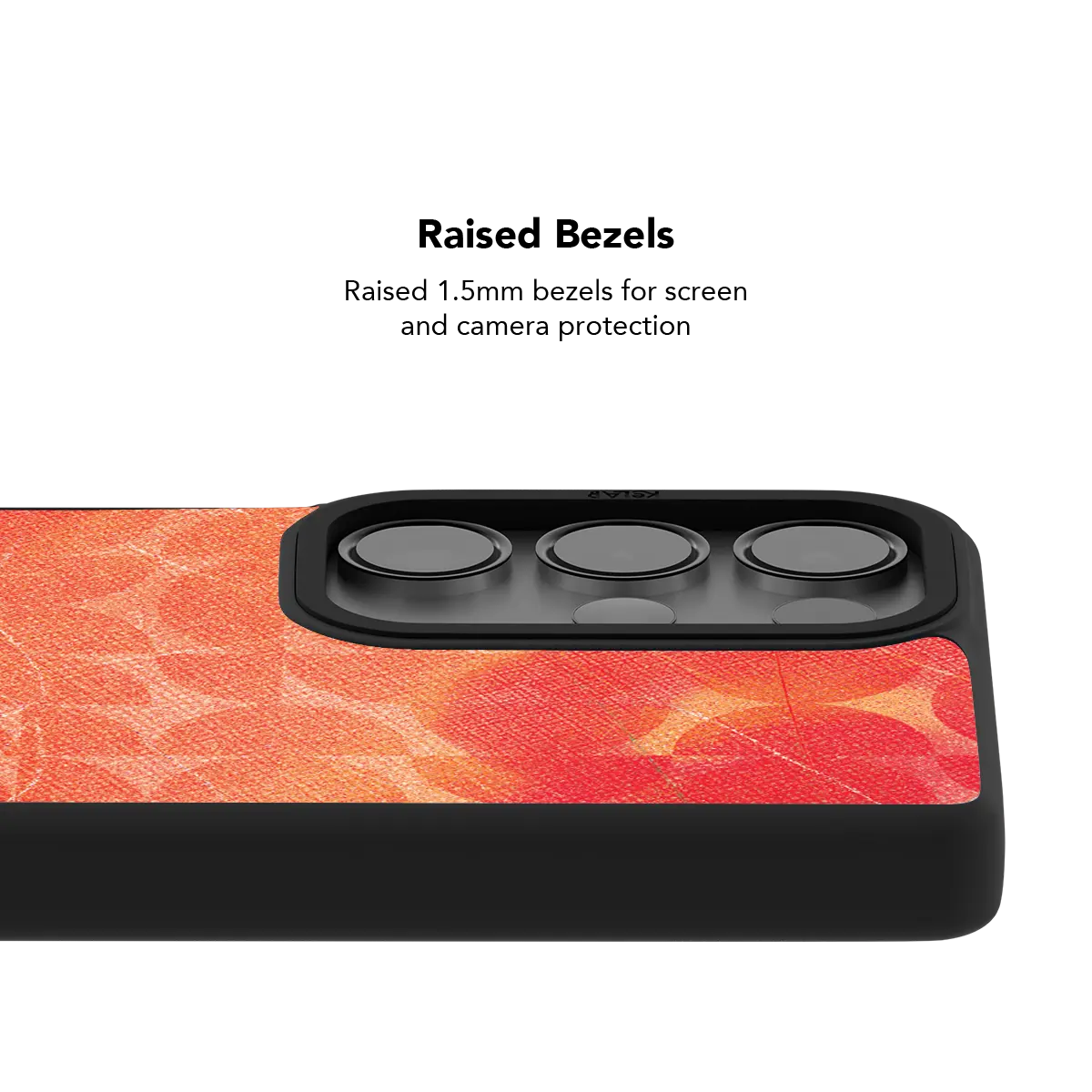 Raised bezel on the red retro geometric Galaxy case lifting the camera lenses clear of a flat surface