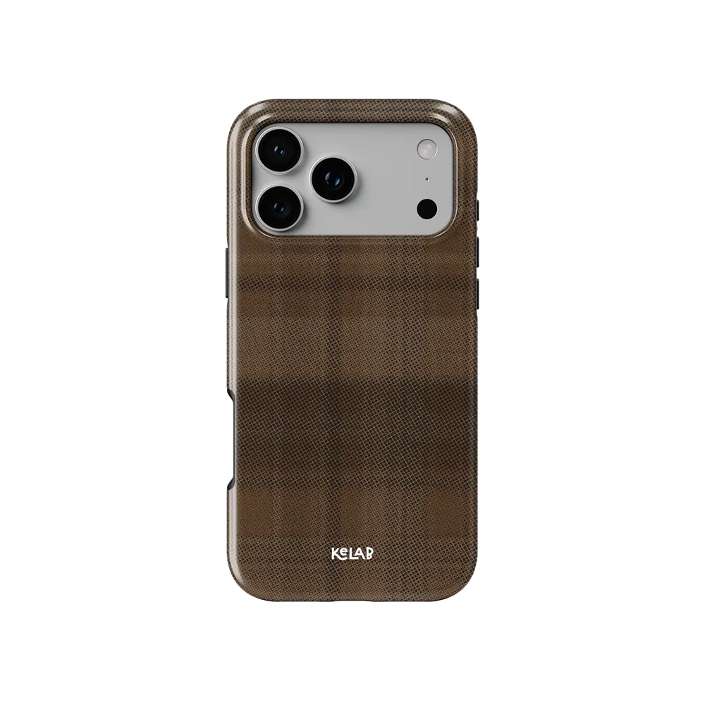 KELAB iphone case with plaid pattern, minimalist brown glossy polycarbonate shell and raised lip
