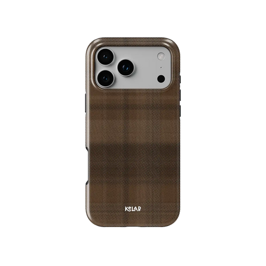 KELAB iphone case with plaid pattern, minimalist brown glossy polycarbonate shell and raised lip