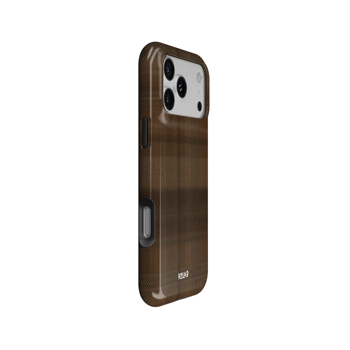 KELAB iphone case with plaid pattern, minimalist brown glossy polycarbonate shell and raised lip