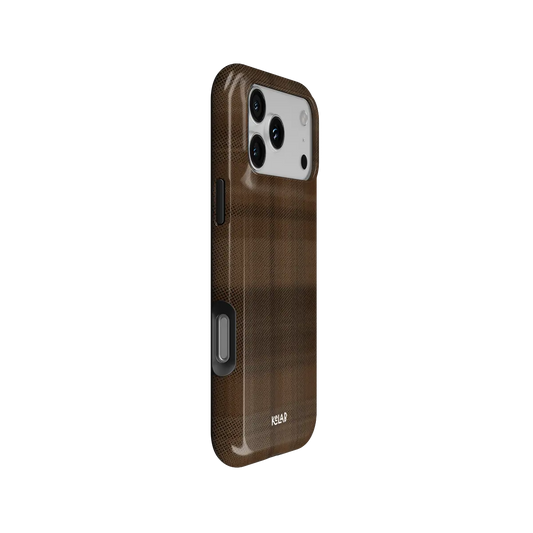 KELAB iphone case with plaid pattern, minimalist brown glossy polycarbonate shell and raised lip
