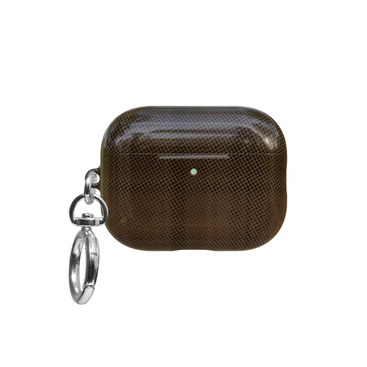 Brown Flannel Plaid Cozy Aesthetic airpods pro case front view with closed lid and keychain