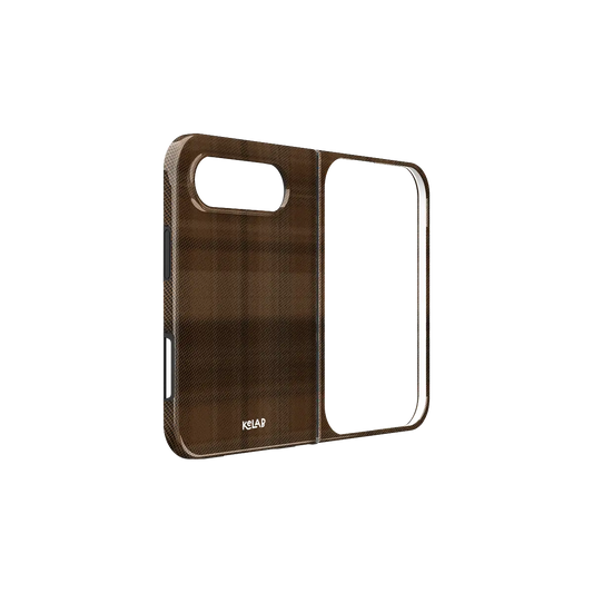 Brown Plaid Flannel, Tartan Aesthetic iPhone 18 Fold Case, unfolded side view showing the hinge