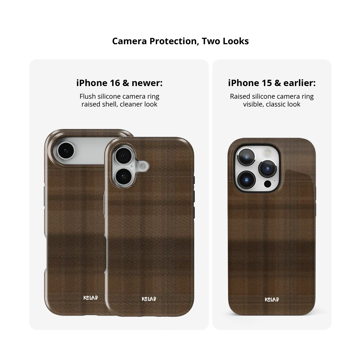 KELAB iphone case with plaid pattern, minimalist brown glossy polycarbonate shell and raised lip
