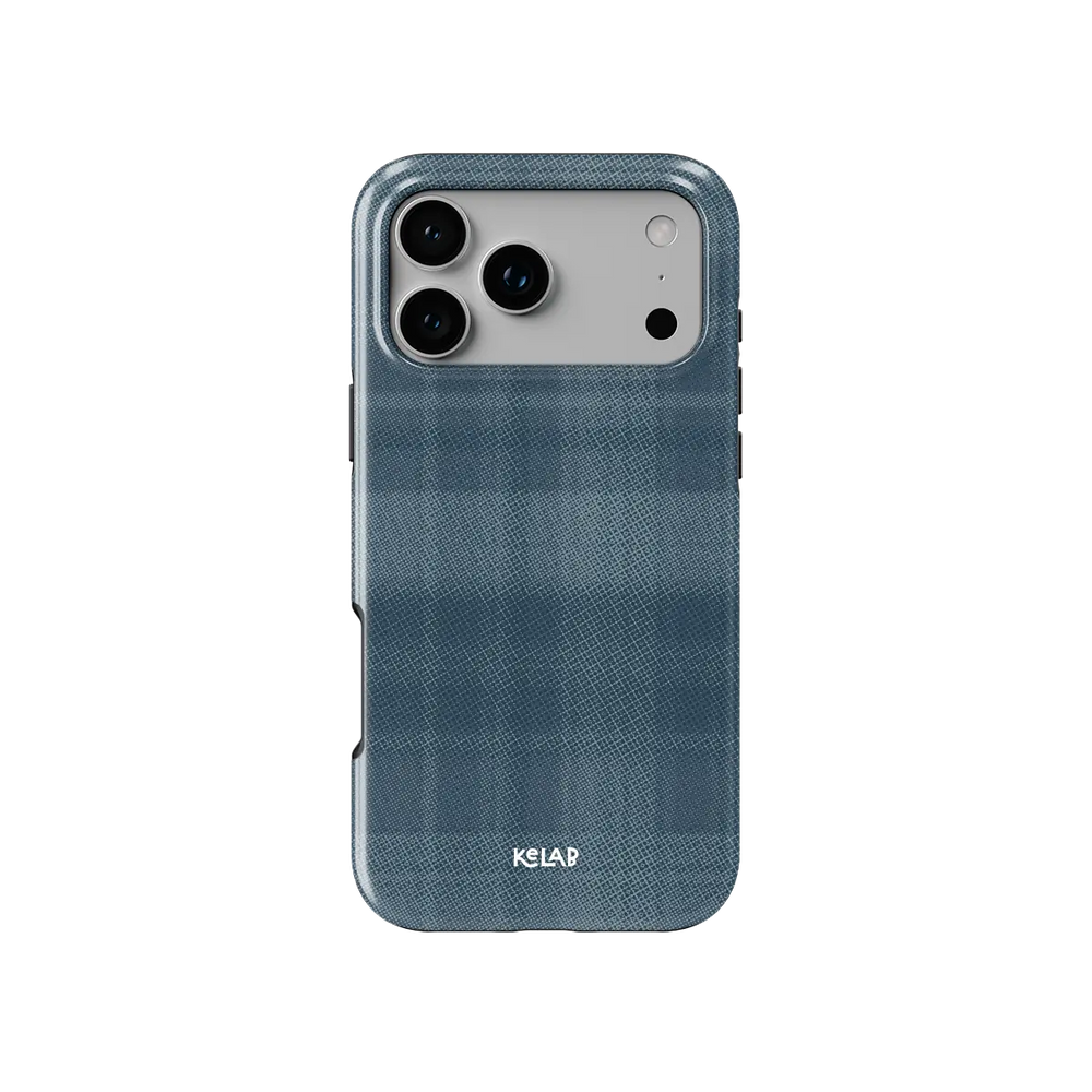 KELAB iphone case in blue plaid pattern minimalist flannel plaid textile pattern finish with raised lip