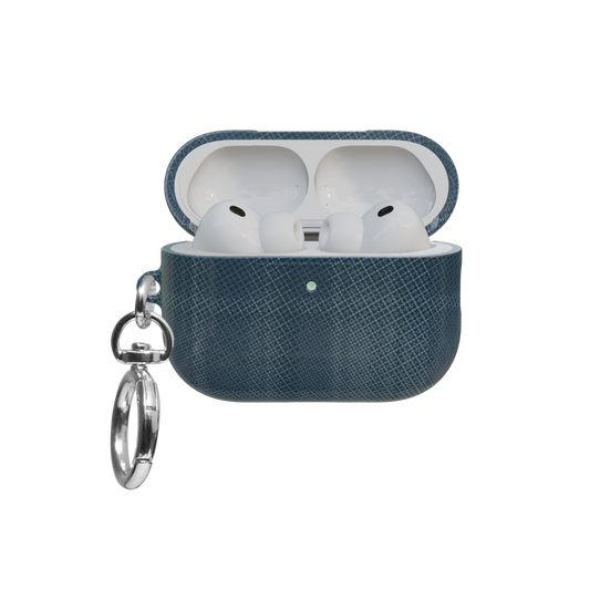 Blue Flannel Plaid Cozy Aesthetic airpods pro case front view with open lid and keychain
