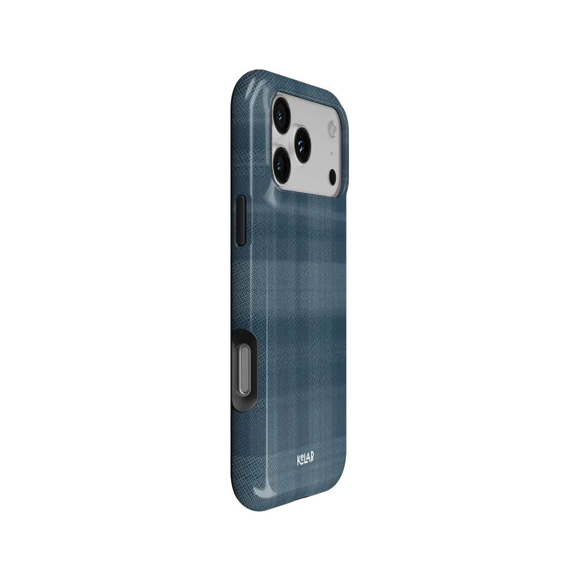 KELAB iphone case with plaid pattern, minimalist blue flannel textile finish and raised lip protection