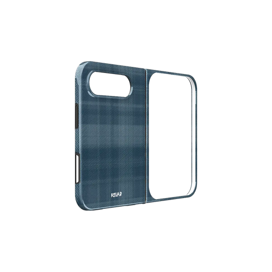Blue Plaid Flannel, Tartan Aesthetic iPhone 18 Fold Case, unfolded side view showing the hinge