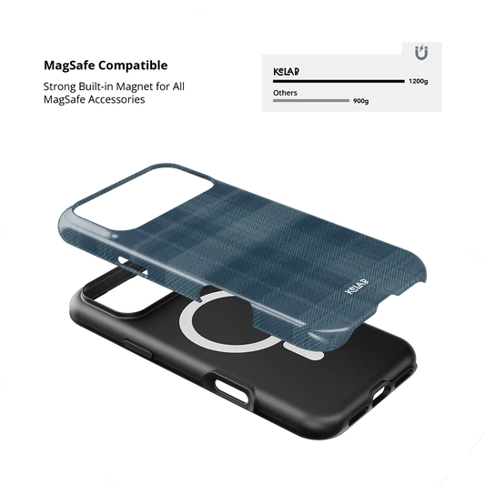 KELAB iphone case in blue plaid pattern with MagSafe and shock absorbing liner, minimalist