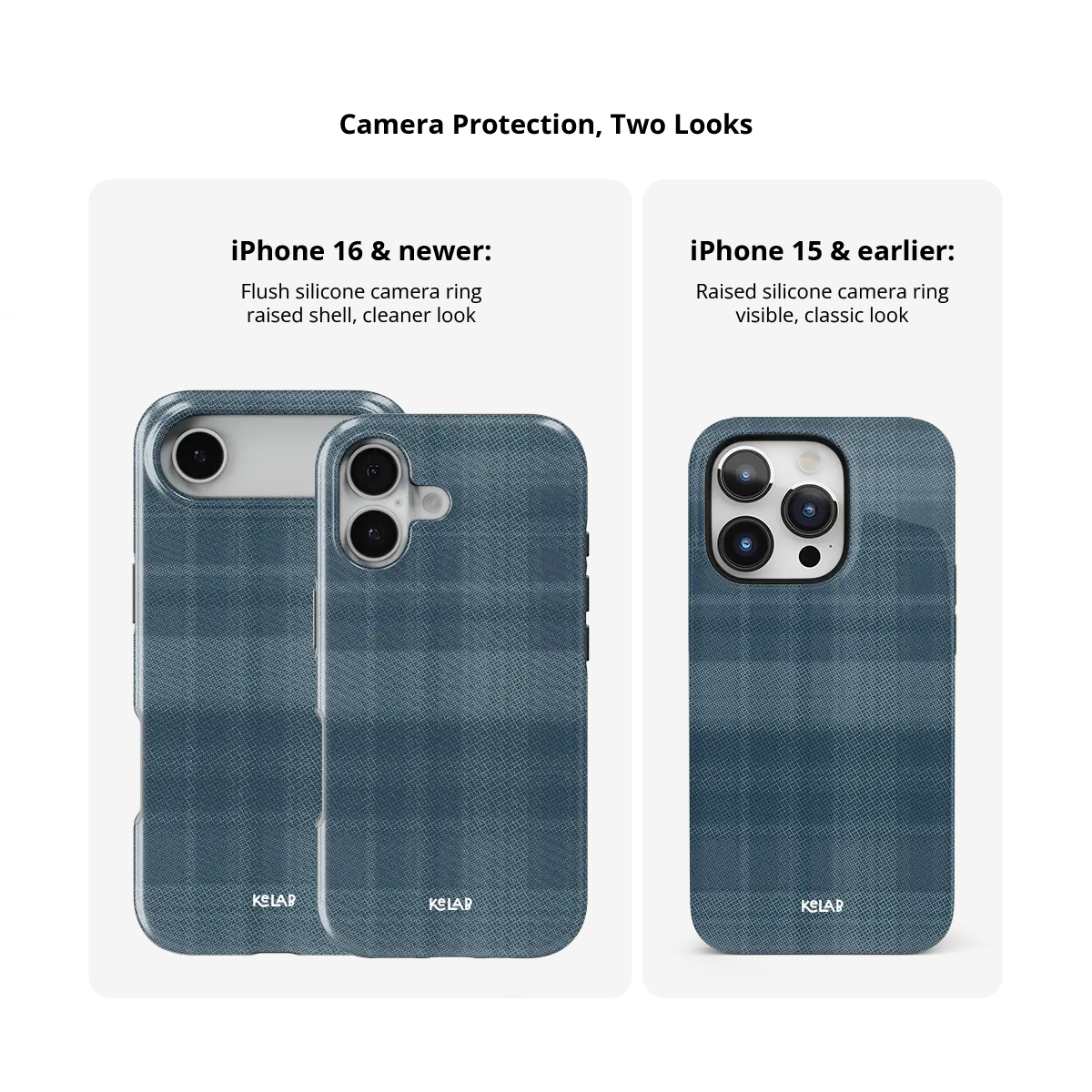 KELAB iphone case with plaid pattern blue flannel textile, minimalist raised lip for screen and camera protection