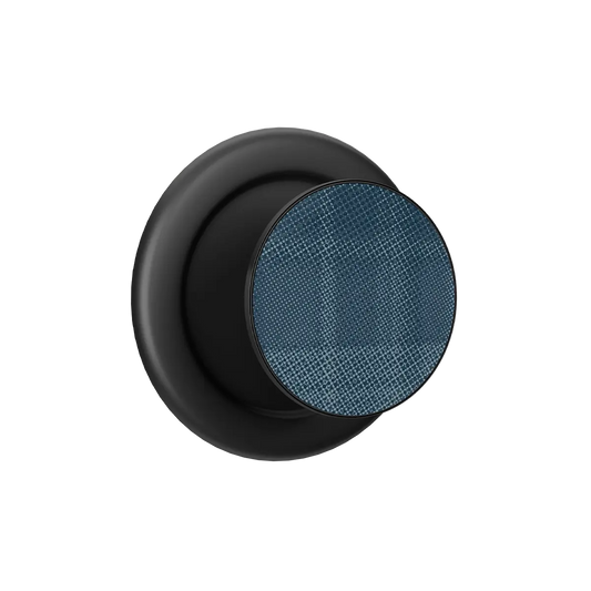 Denim blue flannel pattern MagSafe phone grip with pop grip and built-in strong magnets, black base.
