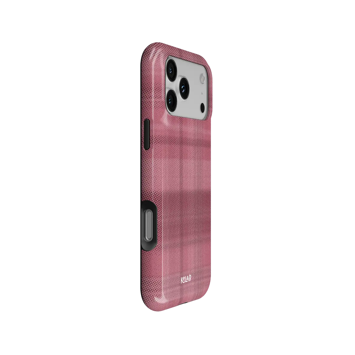 KELAB iphone case in pink plaid pattern, minimalist glossy polycarbonate shell with raised lip