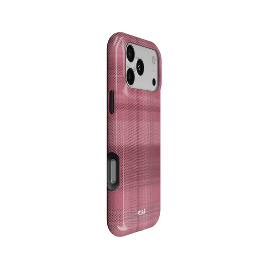 KELAB iphone case in pink plaid pattern, minimalist glossy polycarbonate shell with raised lip