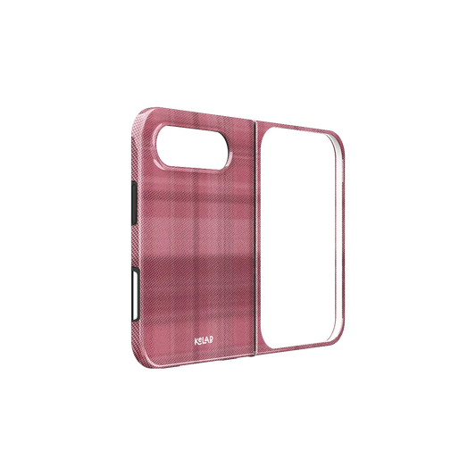 Pink Plaid Flannel, Tartan Aesthetic iPhone 18 Fold Case, unfolded side view showing the hinge
