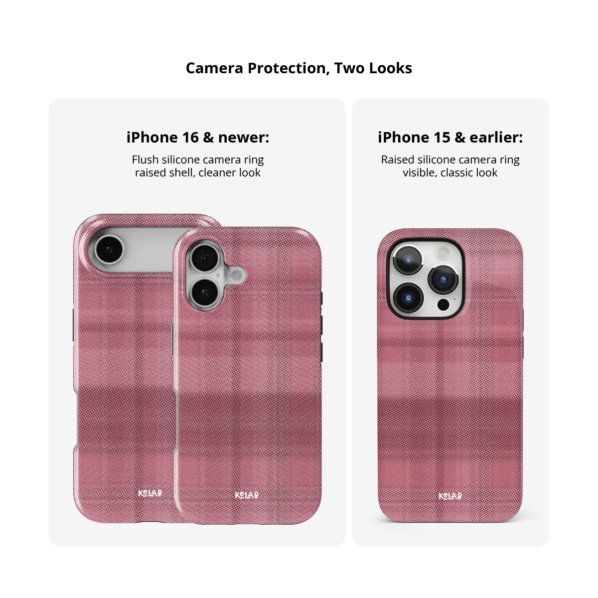 KELAB iphone case with plaid pattern, minimalist pink textured shell and glossy polycarbonate back