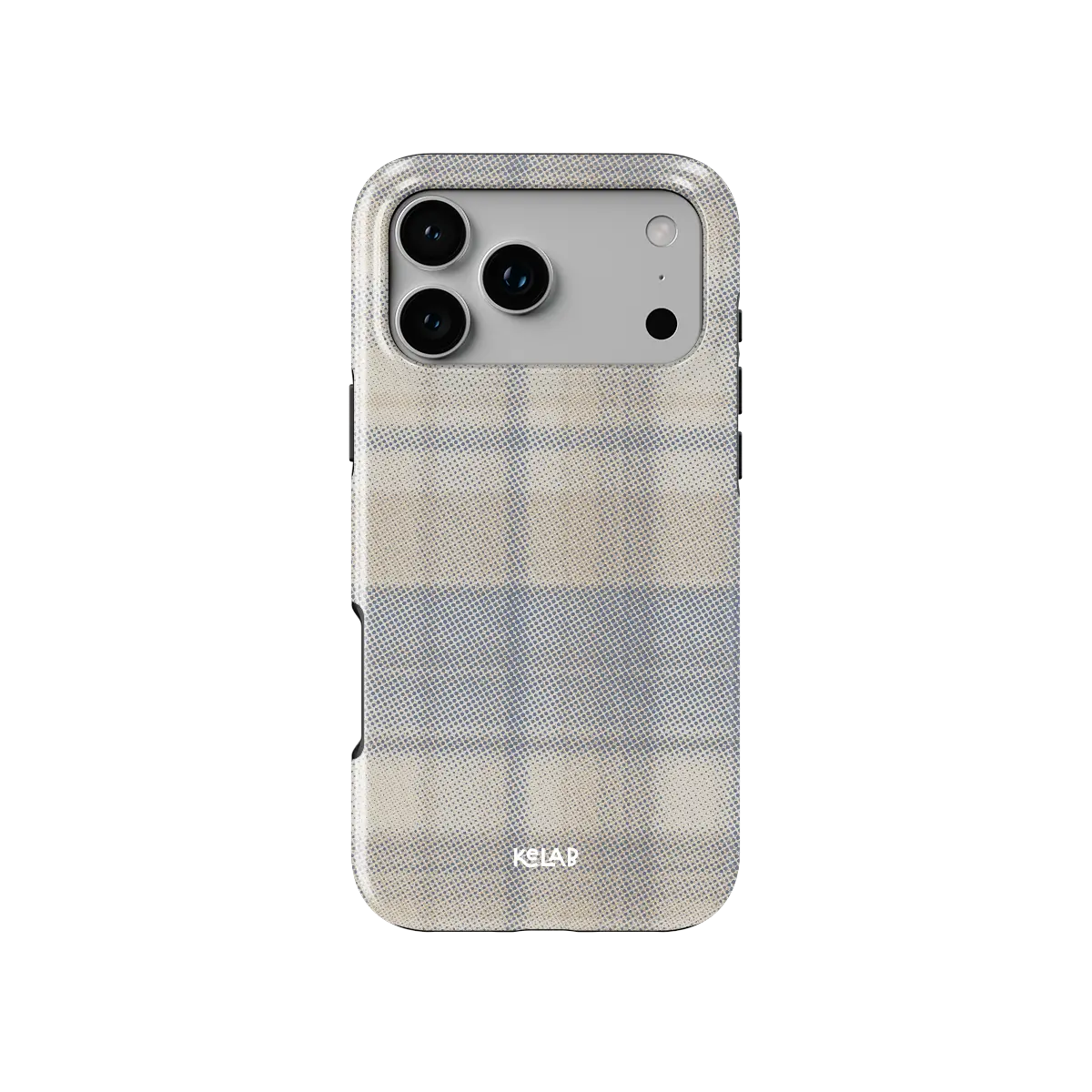 KELAB iPhone case with plaid pattern minimalist beige recycled polycarbonate shell and raised lip