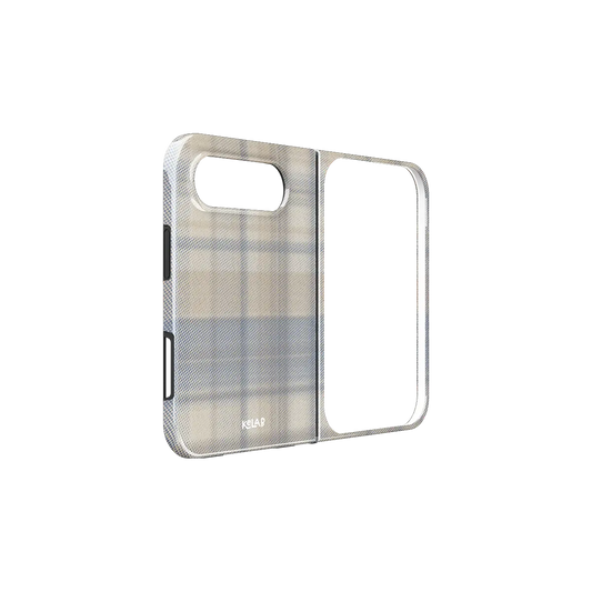 Beige Flannel Plaid iPhone 18 Fold Case, unfolded side view showing the hinge