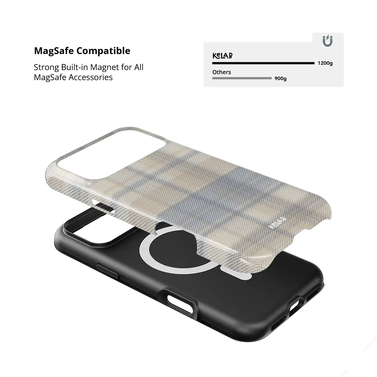 KELAB iphone case with plaid pattern, minimalist beige and black MagSafe compatible shell