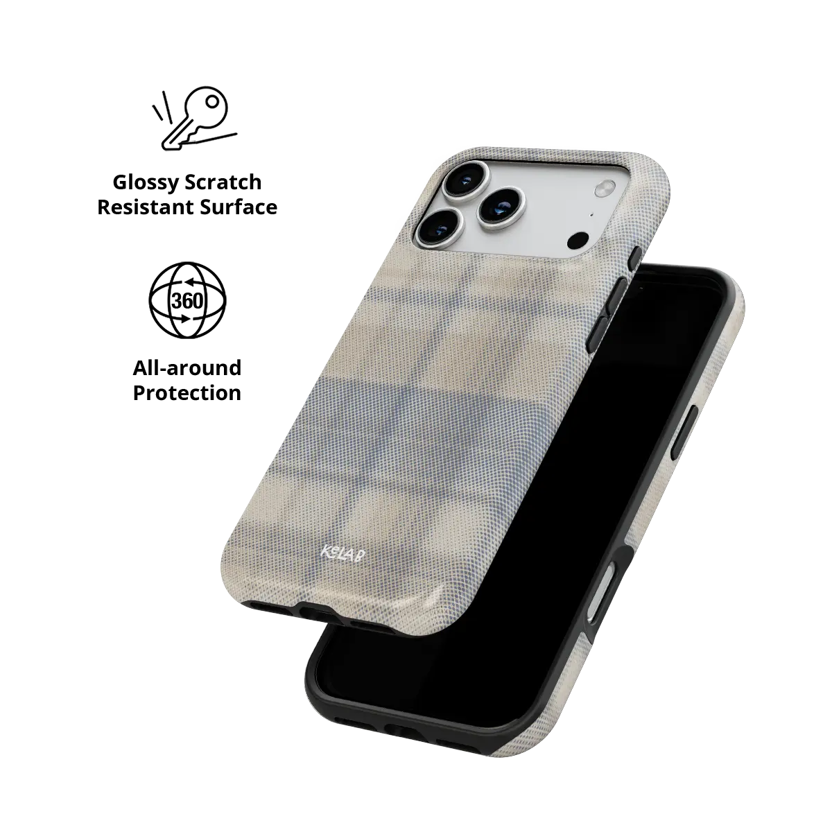 KELAB iphone case with plaid pattern minimalist beige recycled polycarbonate shell and raised lip protection