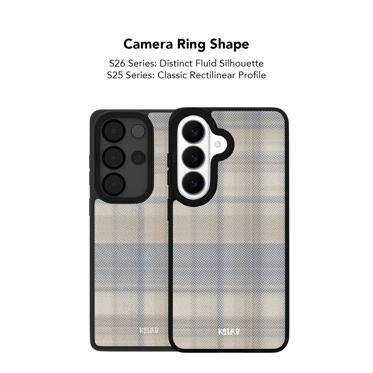Beige Samsung Galaxy phone case with a grid pattern and minimalist design, compatible with Galaxy S26 and S25 models.