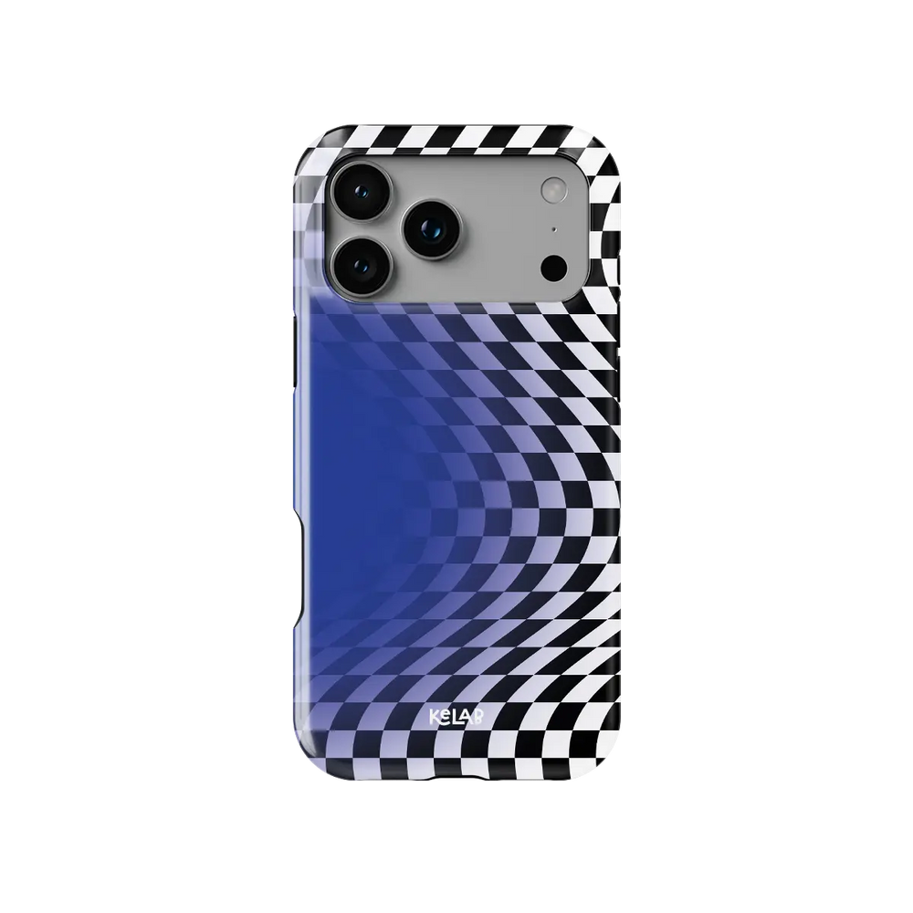 Blue Illusion checkered optical illusion Tough iPhone case, front view showing the pattern.