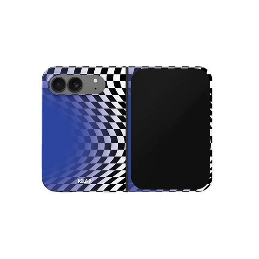 Blue Optical Illusion, Wavy Checkered iPhone 18 Fold Case, unfolded front view