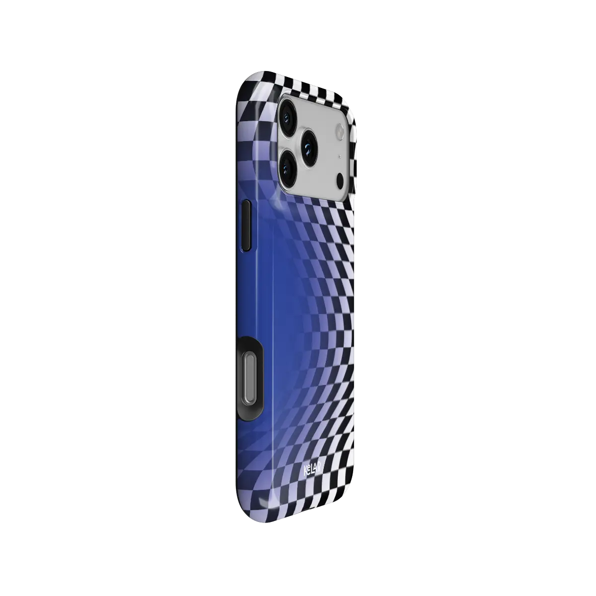 Blue Illusion checkered optical illusion Tough iPhone case, side view showing the pattern wrapped around the shell.