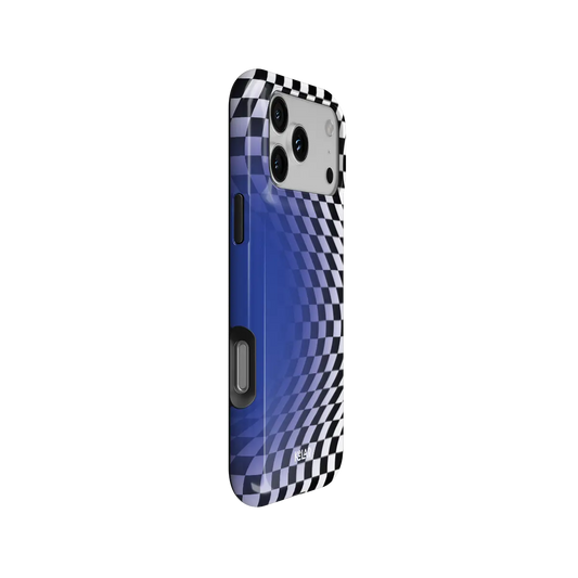 Blue Illusion checkered optical illusion Tough iPhone case, side view showing the pattern wrapped around the shell.