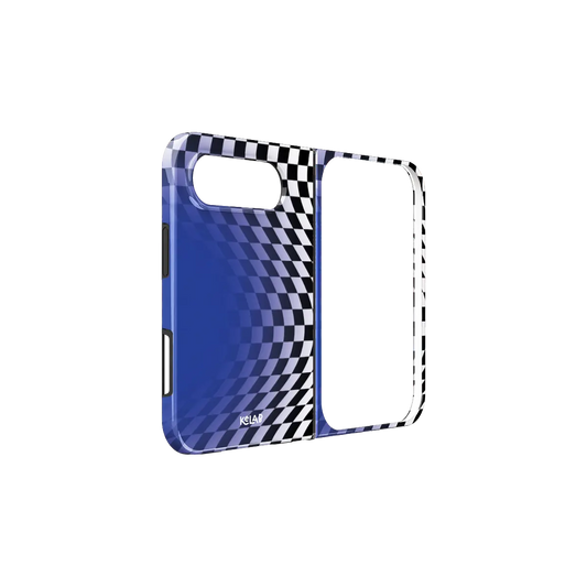 Blue Optical Illusion, Wavy Checkered iPhone 18 Fold Case, unfolded side view showing the hinge