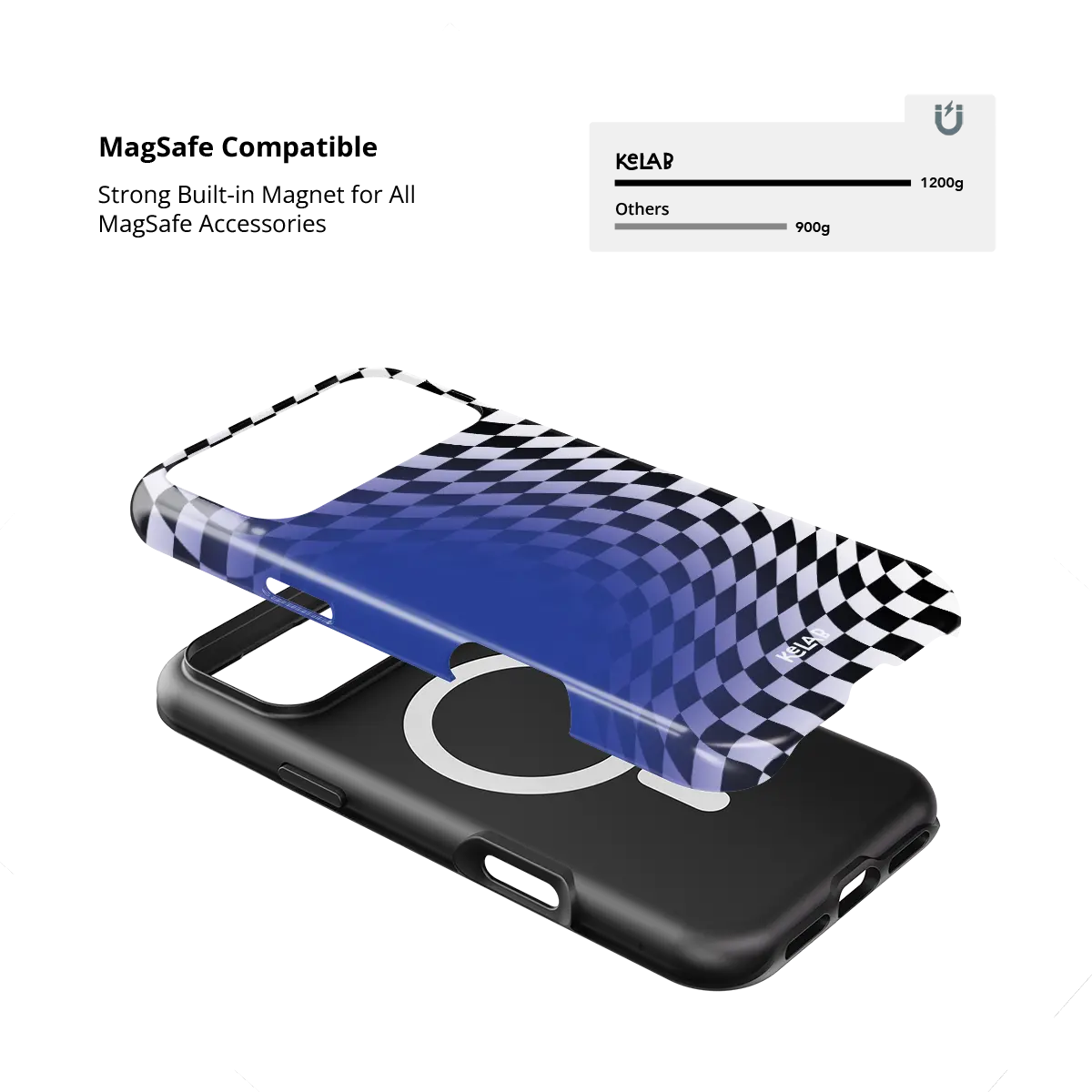 Blue Illusion checkered optical illusion Tough iPhone case with built-in strong MagSafe magnets.