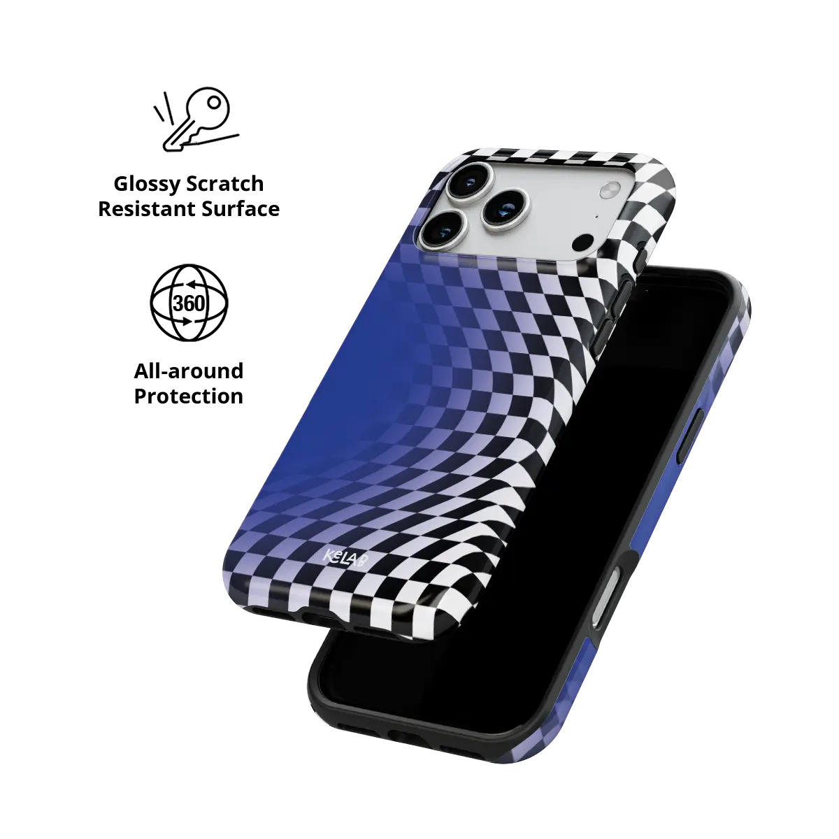 Blue Illusion checkered optical illusion Tough iPhone case with glossy, scratch resistant all-around protection.